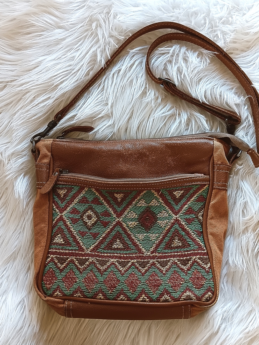 Myra Bag Mantis Western Brown Leather Patchwork Aztec Lines Crossbody Bag